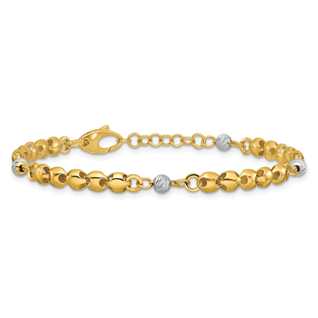 14K w/Rhodium Polished D/C Beaded Oval Link w/1in ext. Bracelet