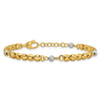 14K w/Rhodium Polished D/C Beaded Oval Link w/1in ext. Bracelet