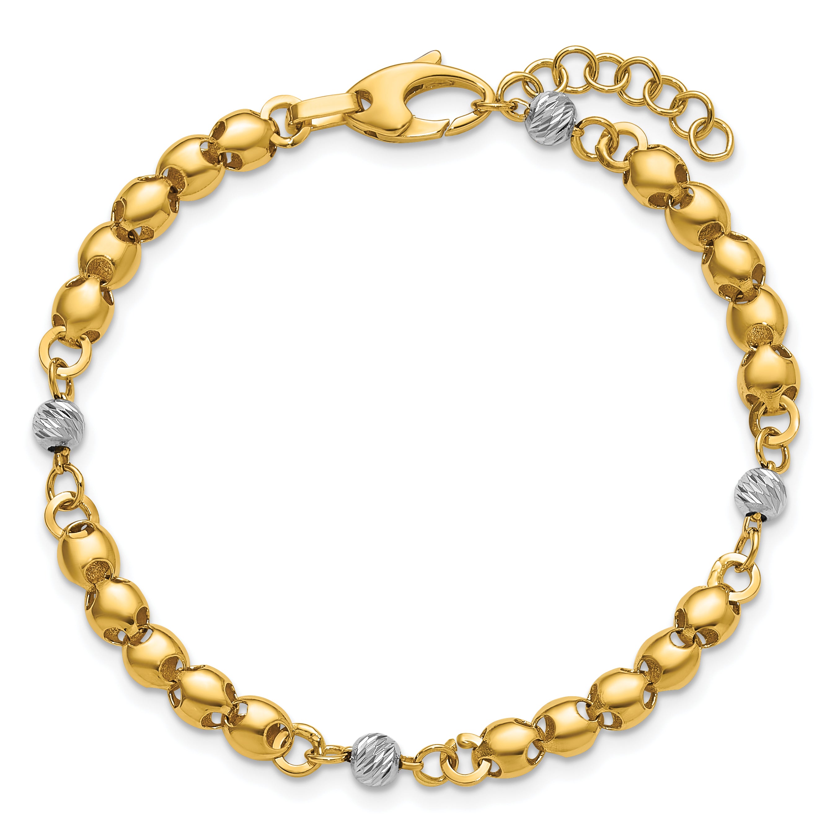 14K w/Rhodium Polished D/C Beaded Oval Link w/1in ext. Bracelet