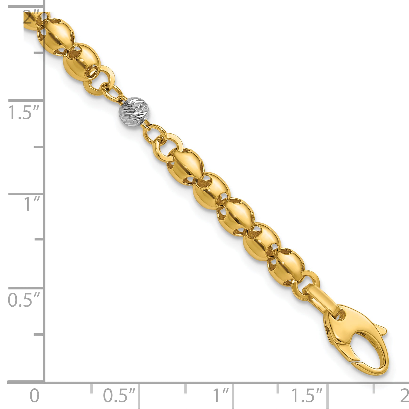 14K w/Rhodium Polished D/C Beaded Oval Link w/1in ext. Bracelet