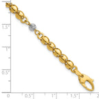 14K w/Rhodium Polished D/C Beaded Oval Link w/1in ext. Bracelet