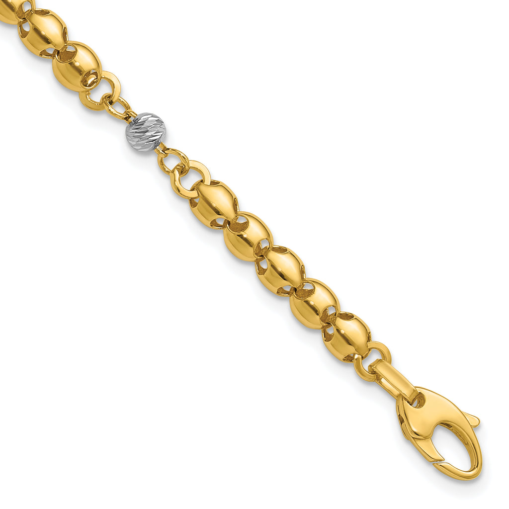14K w/Rhodium Polished D/C Beaded Oval Link w/1in ext. Bracelet