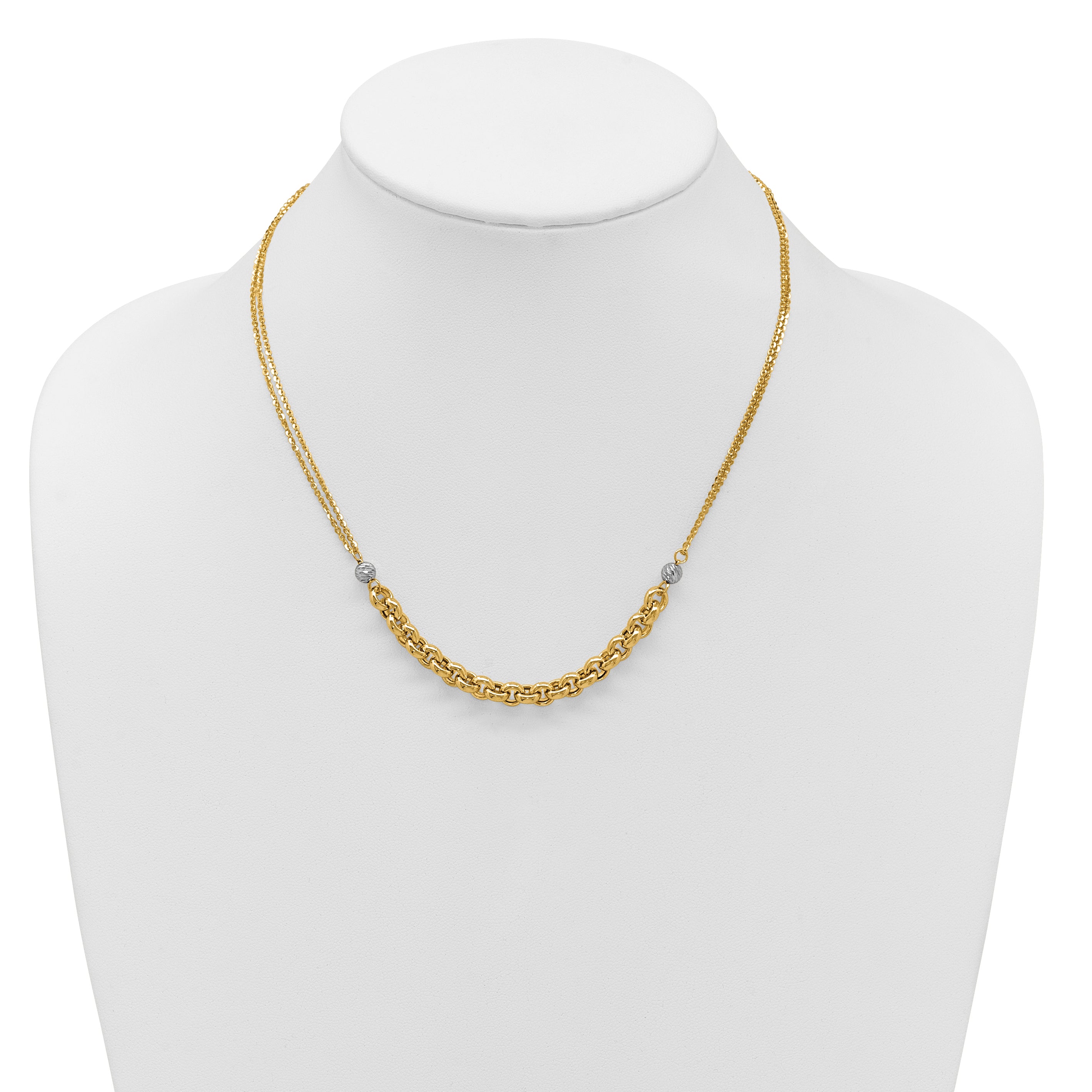 14K w/White RH Polished D/C 2-Strand Rolo Link Necklace