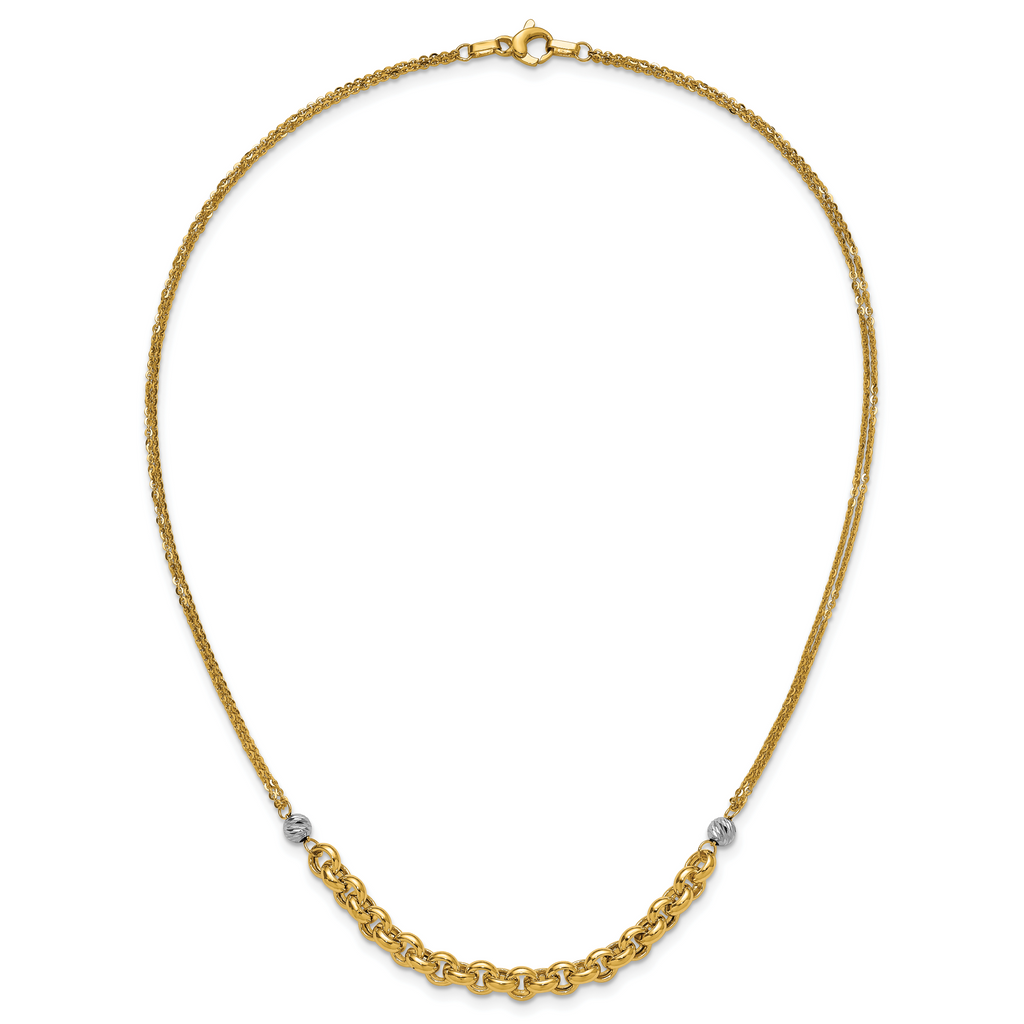 14K w/White RH Polished D/C 2-Strand Rolo Link Necklace