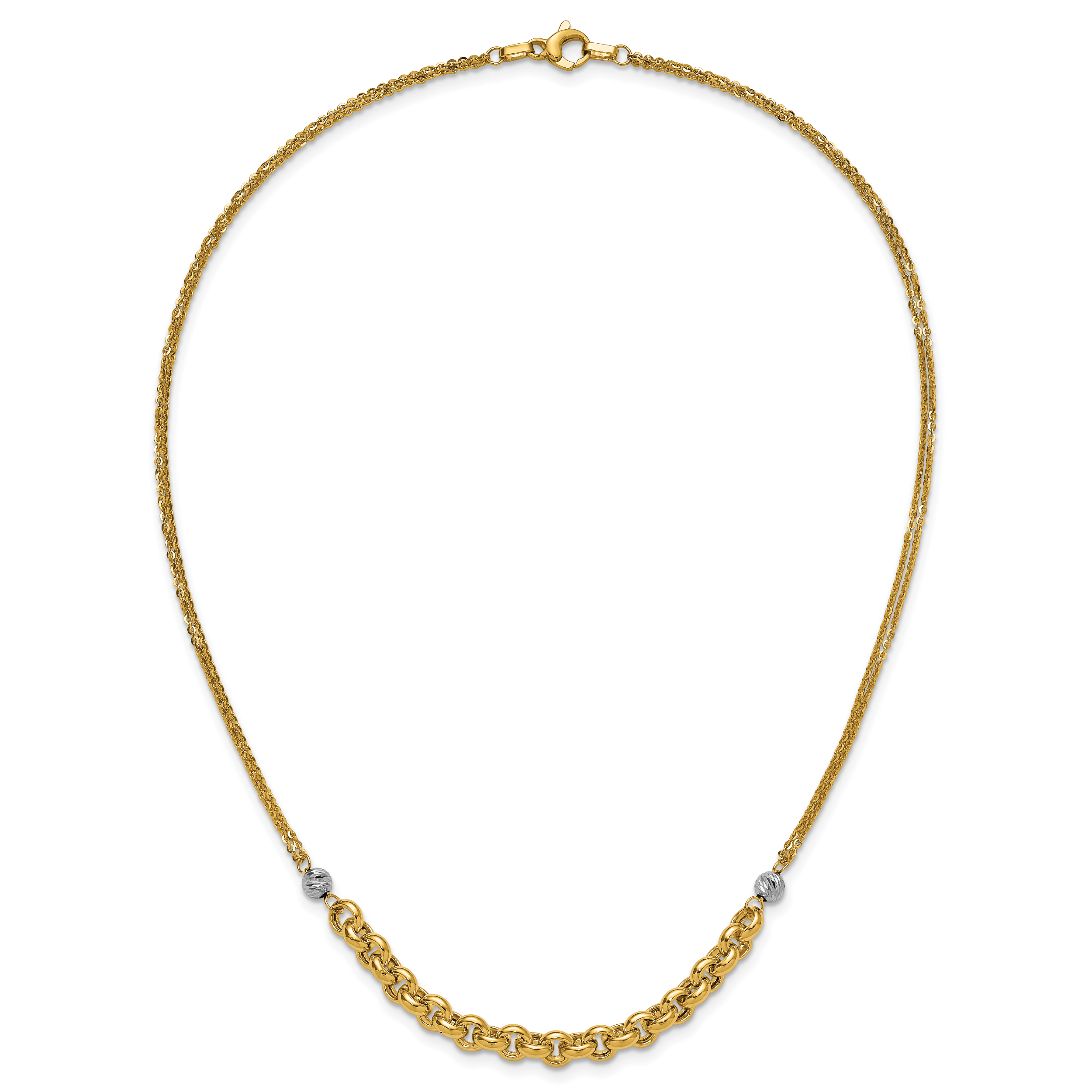 14K w/White RH Polished D/C 2-Strand Rolo Link Necklace
