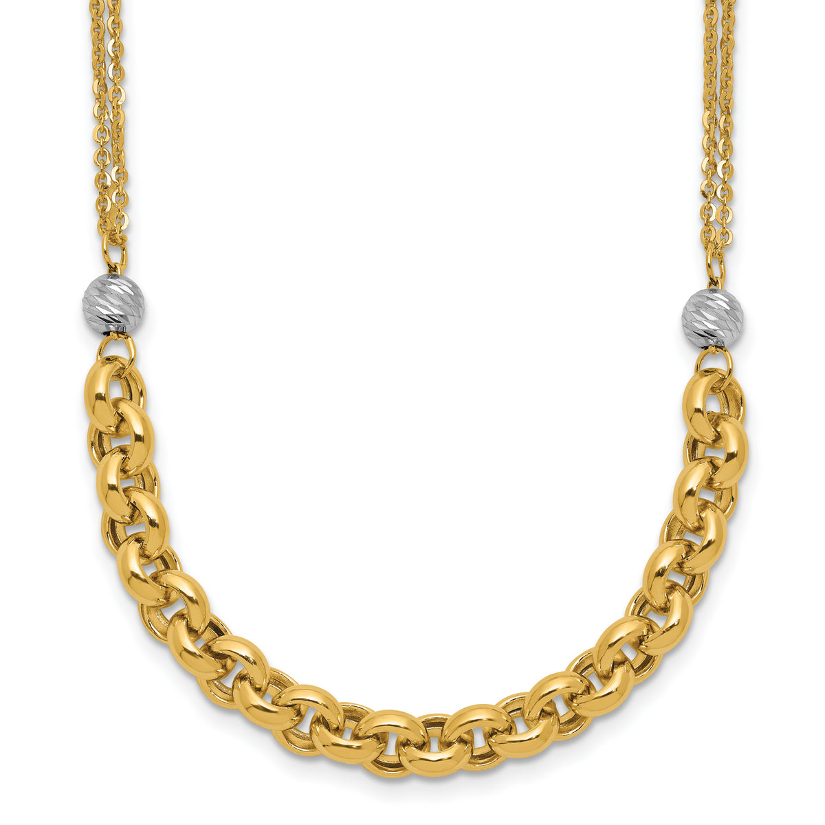 14K w/White RH Polished D/C 2-Strand Rolo Link Necklace