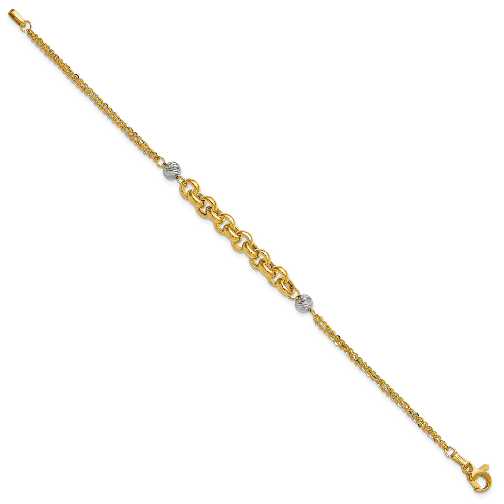 14K w/White Rhodium Polished D/C 2-Strand Rolo Link Bracelet