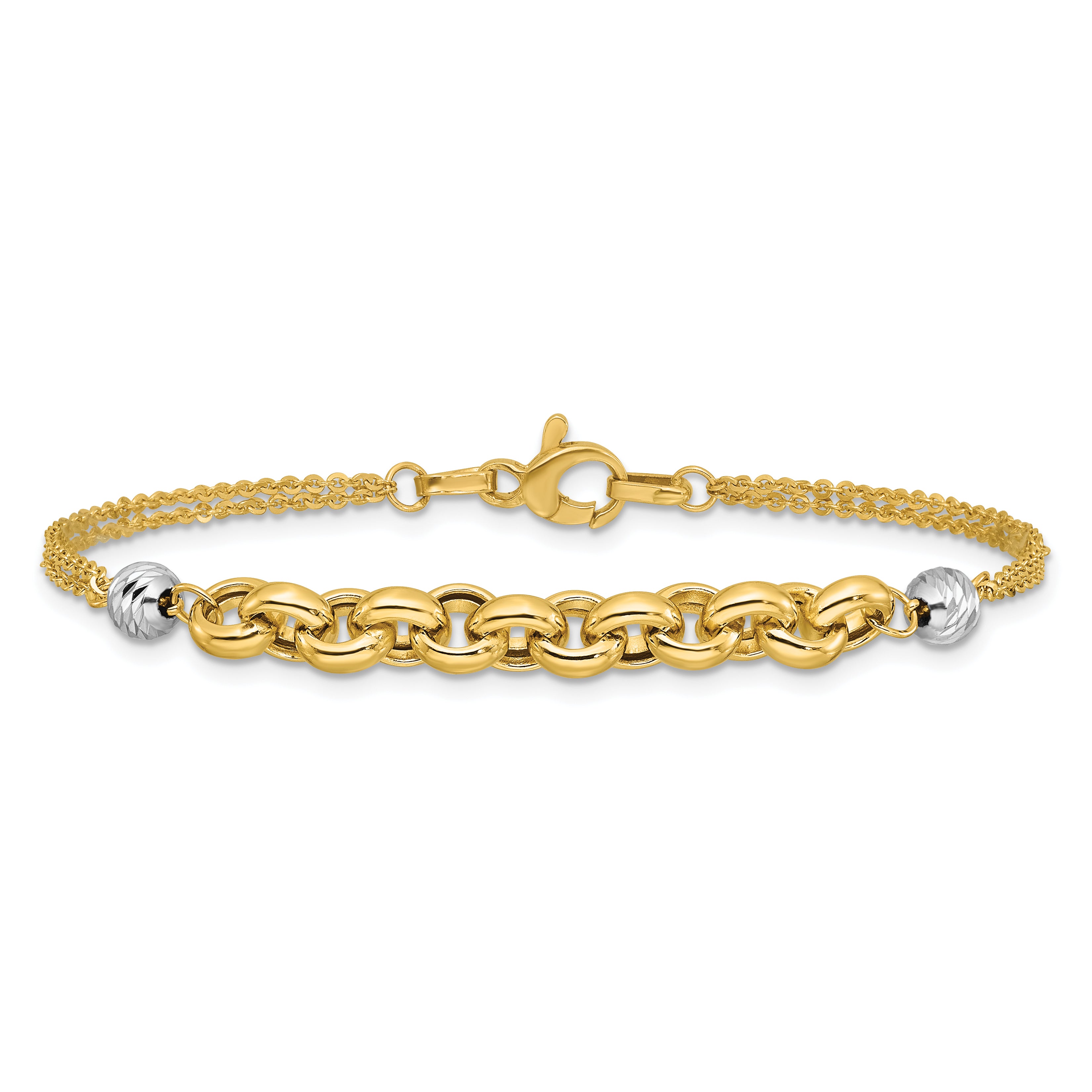 14K w/White Rhodium Polished D/C 2-Strand Rolo Link Bracelet