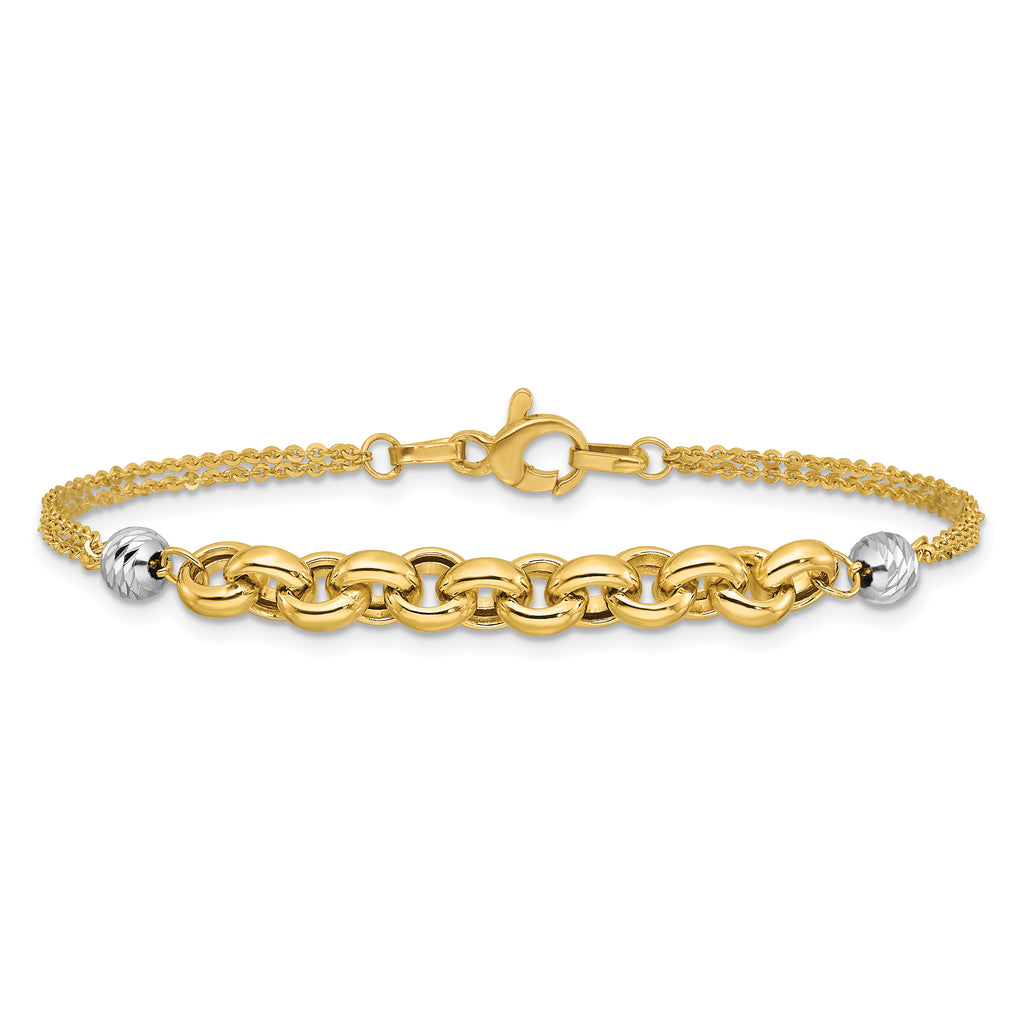 14K w/White Rhodium Polished D/C 2-Strand Rolo Link Bracelet