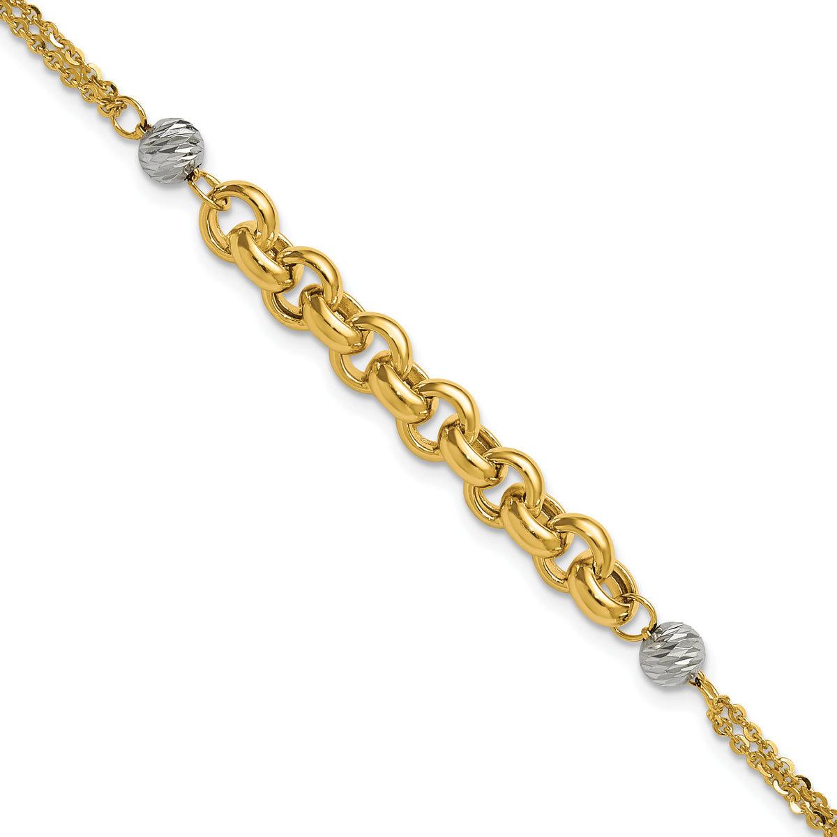 14K w/White Rhodium Polished D/C 2-Strand Rolo Link Bracelet