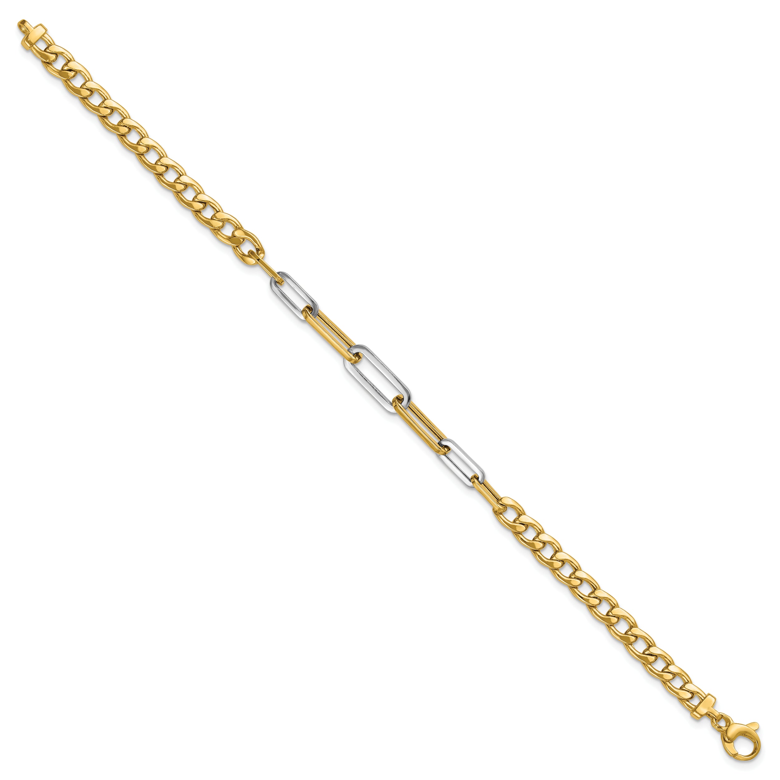 14K w/White Rhodium Polished Curb and Paperclip Link Bracelet
