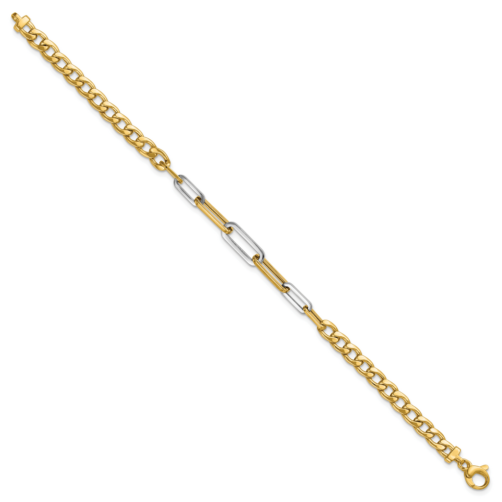 14K w/White Rhodium Polished Curb and Paperclip Link Bracelet