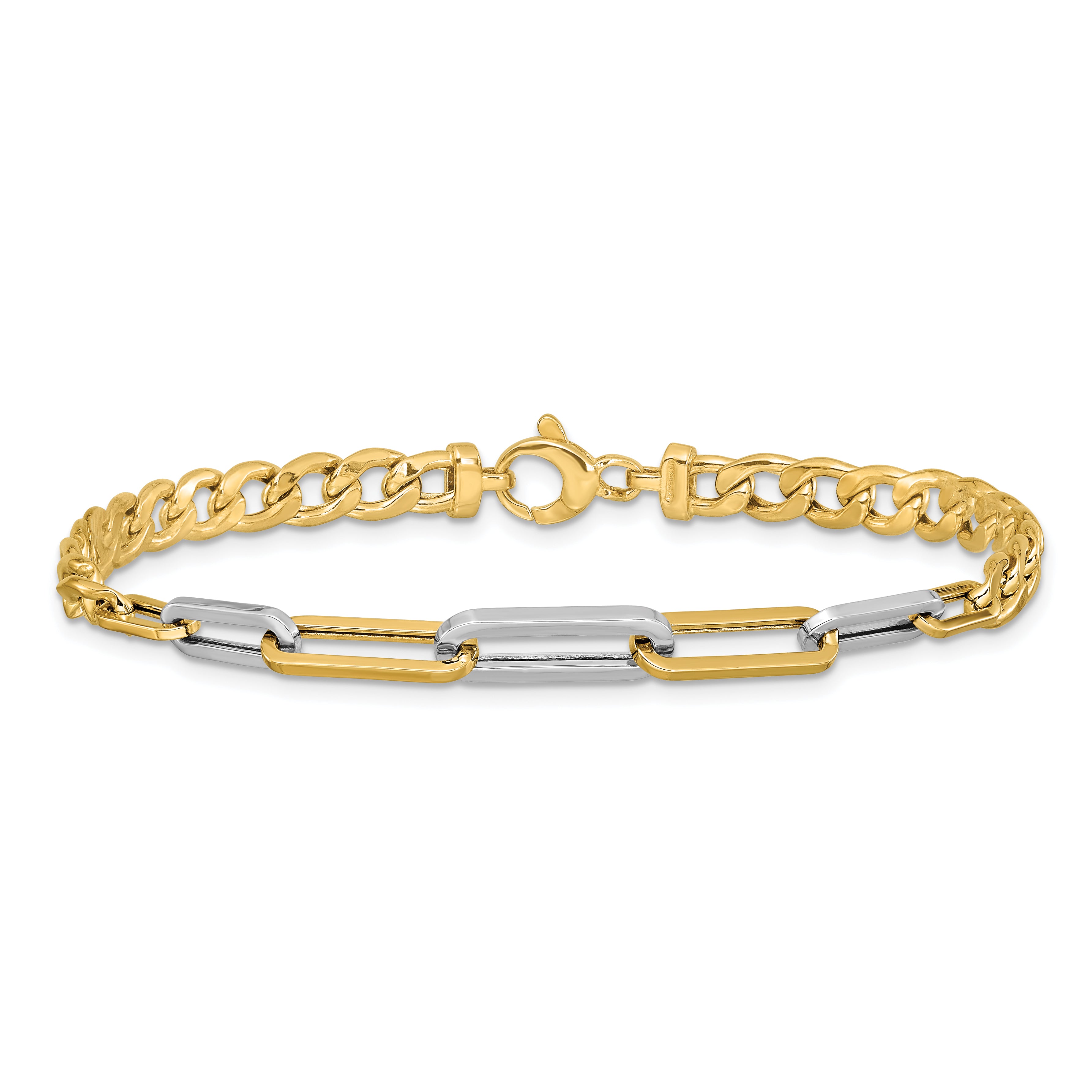 14K w/White Rhodium Polished Curb and Paperclip Link Bracelet