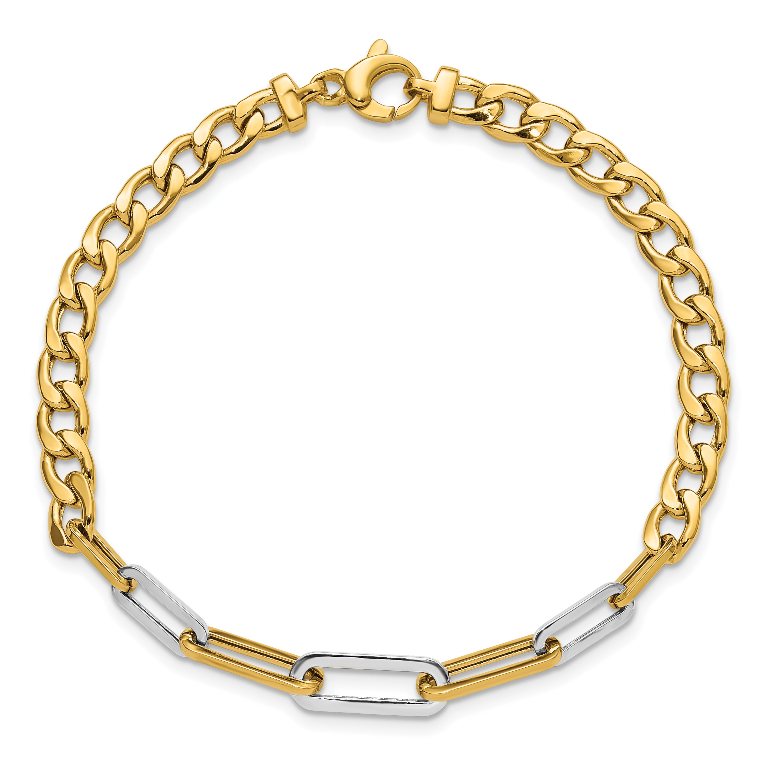 14K w/White Rhodium Polished Curb and Paperclip Link Bracelet