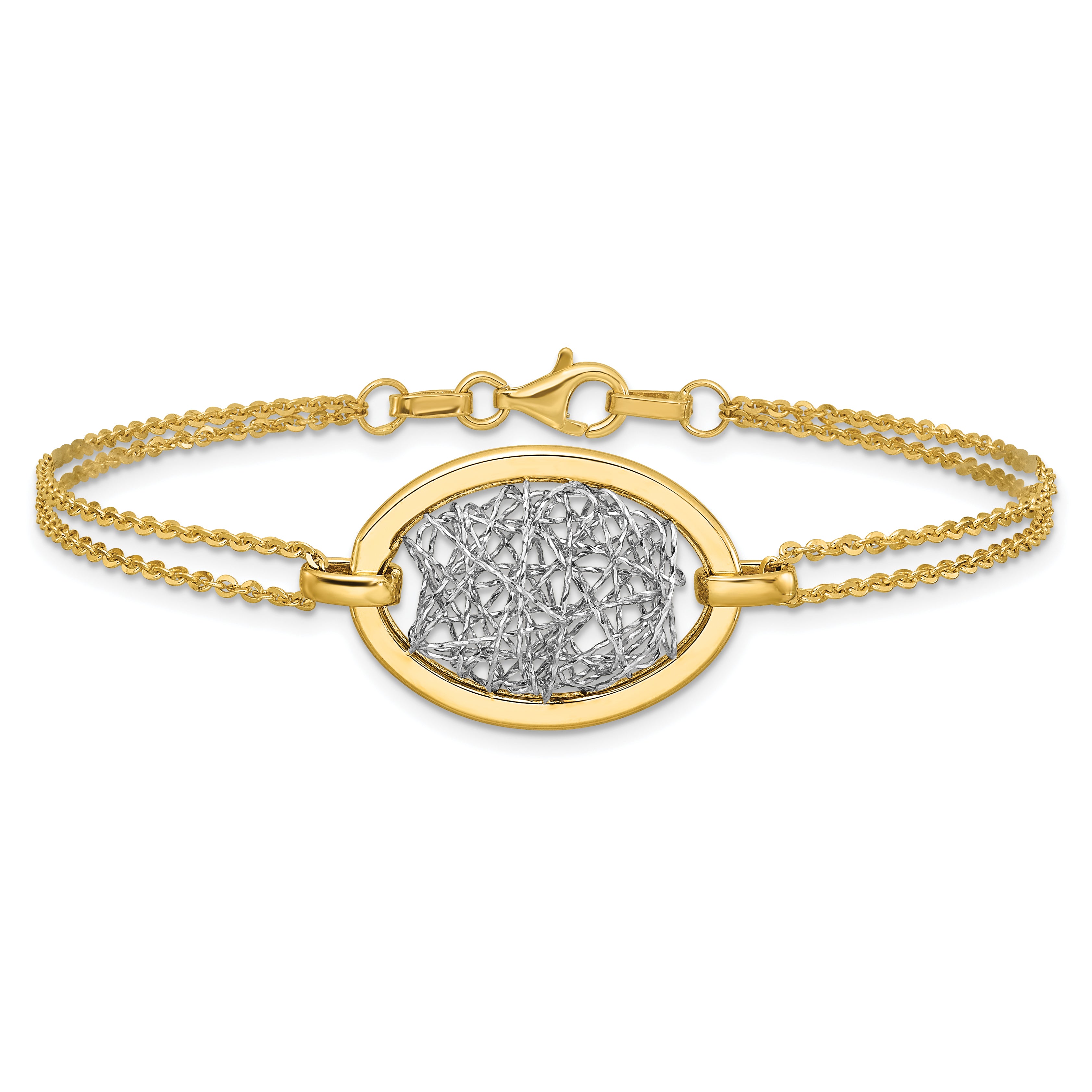14K w/White Rhodium Polished D/C Fancy Oval 2-Strand Bracelet