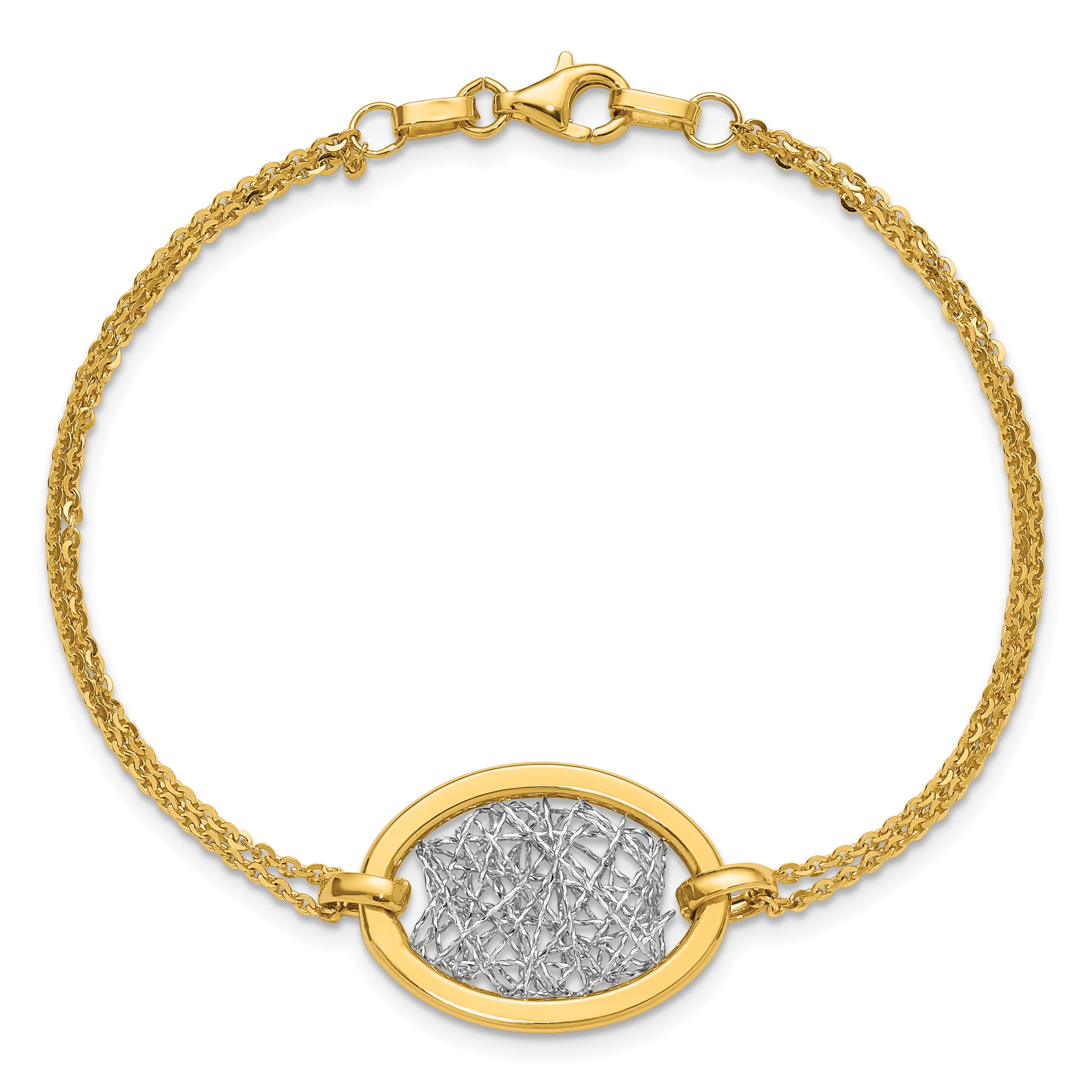 14K w/White Rhodium Polished D/C Fancy Oval 2-Strand Bracelet