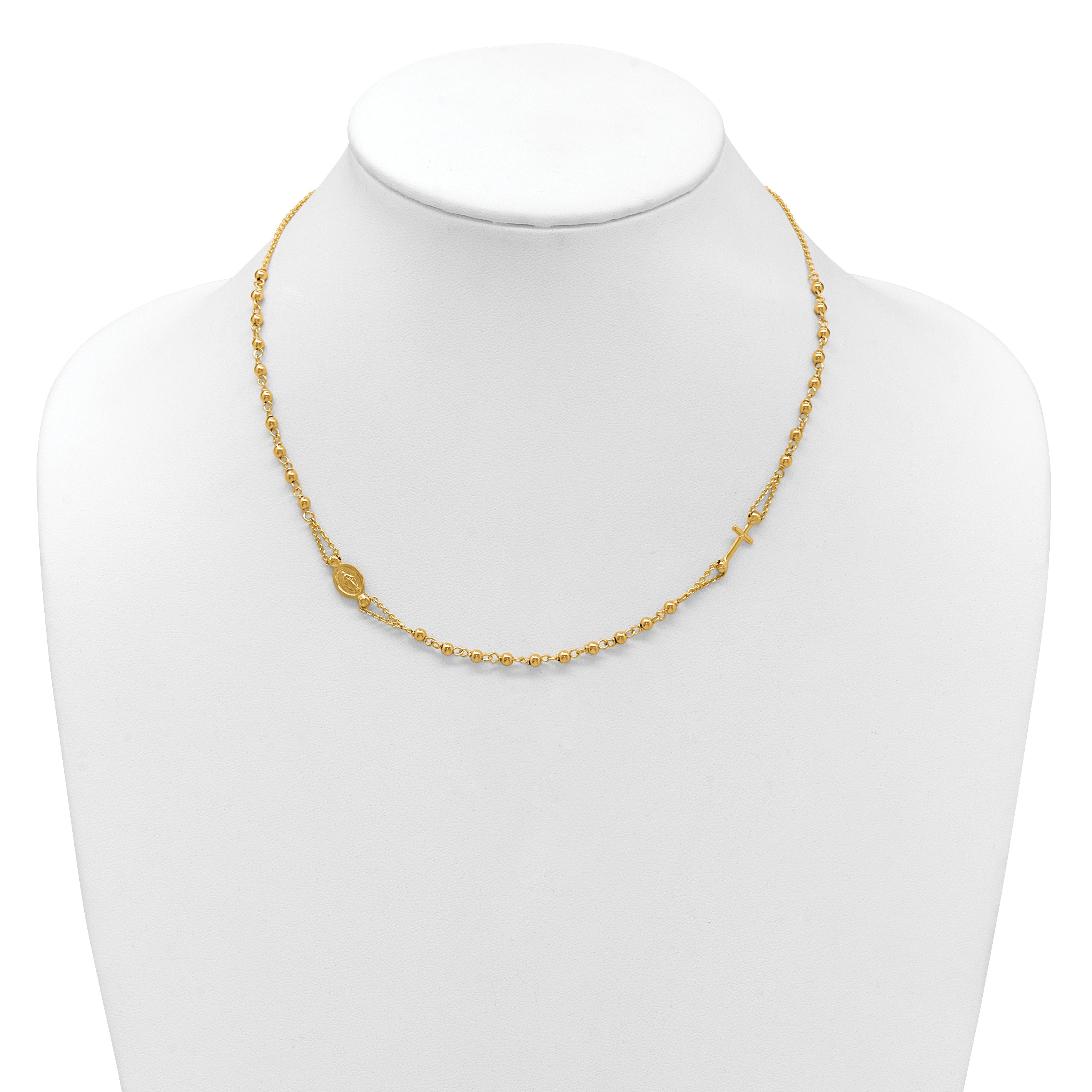 14K Polish/Dia-cut/Beaded Religious Rosary Style Necklace