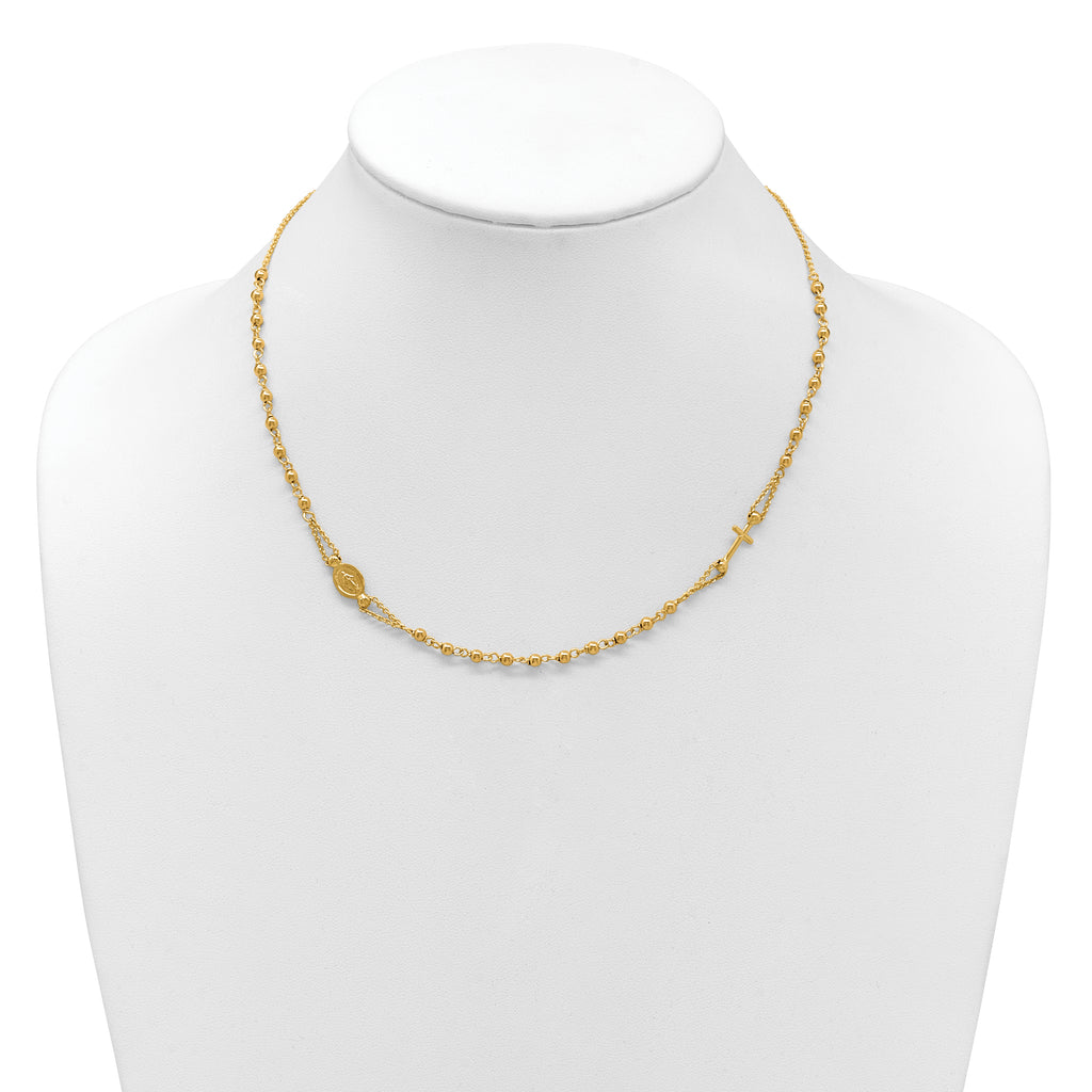14K Polish/Dia-cut/Beaded Religious Rosary Style Necklace