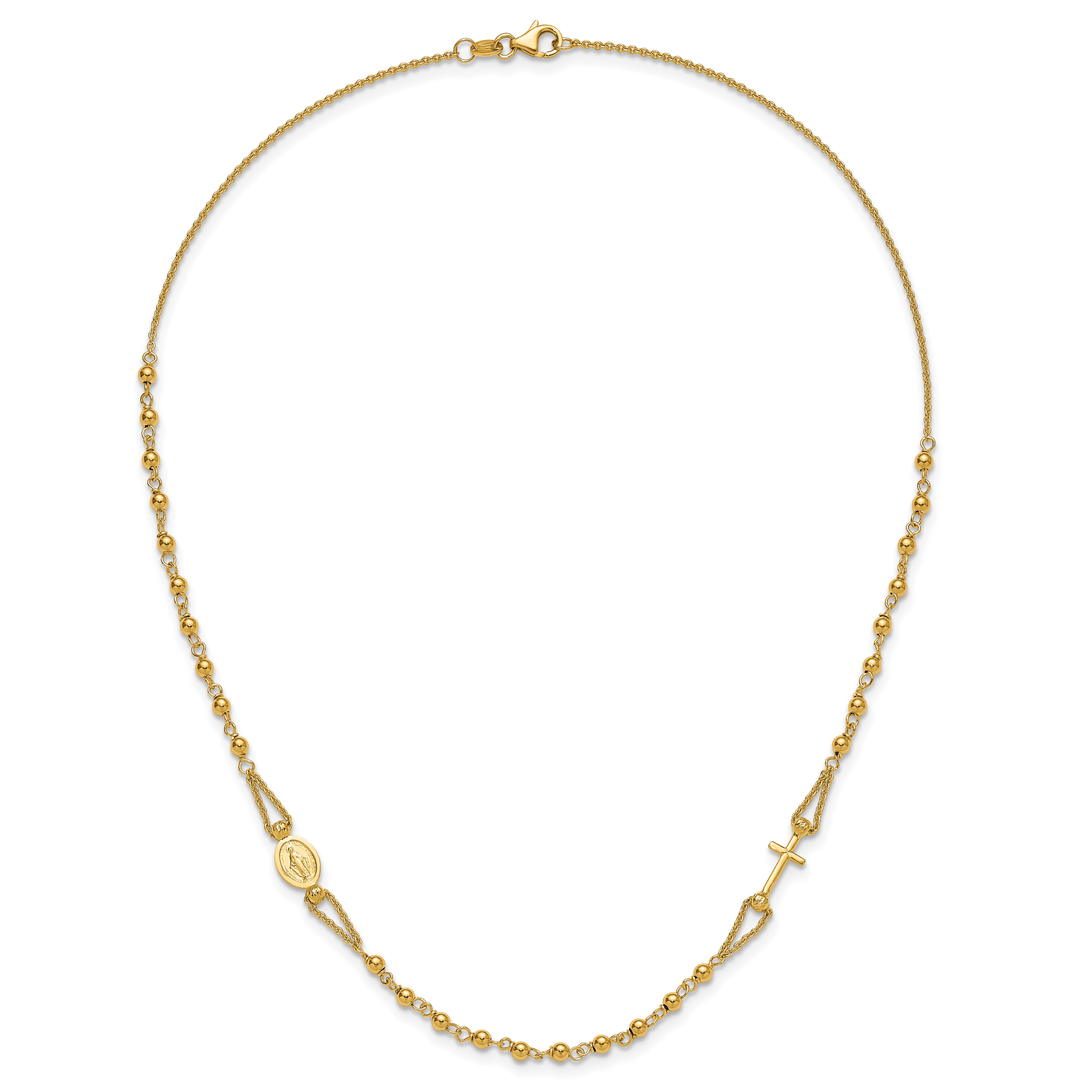 14K Polish/Dia-cut/Beaded Religious Rosary Style Necklace