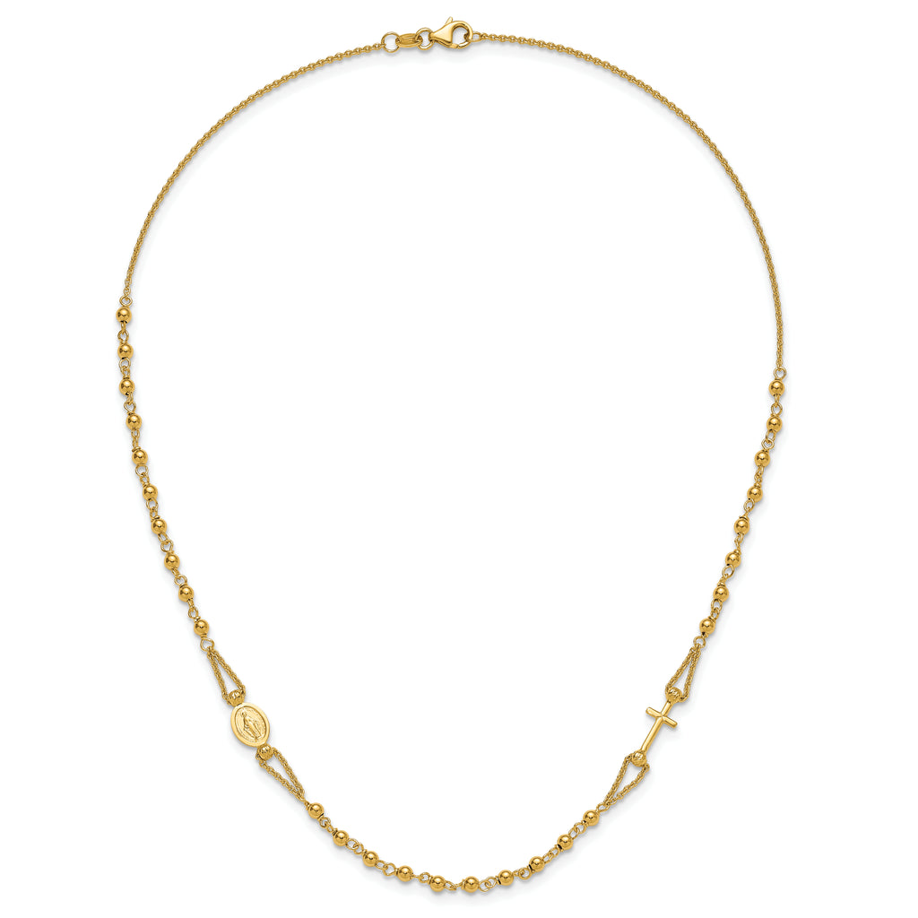 14K Polish/Dia-cut/Beaded Religious Rosary Style Necklace