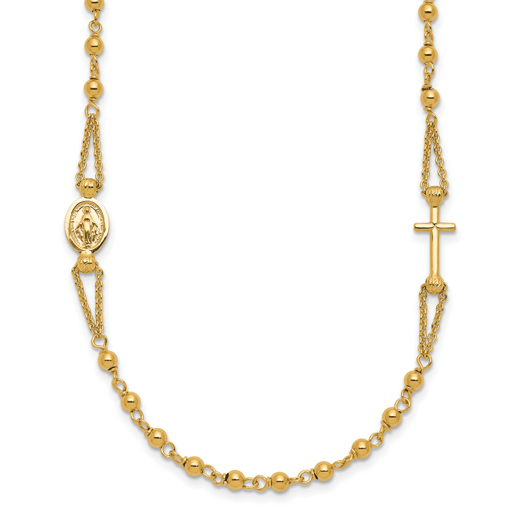14K Polish/Dia-cut/Beaded Religious Rosary Style Necklace
