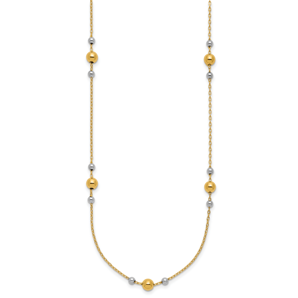 14K w/White Rhodium Polished / Beaded Station Necklace