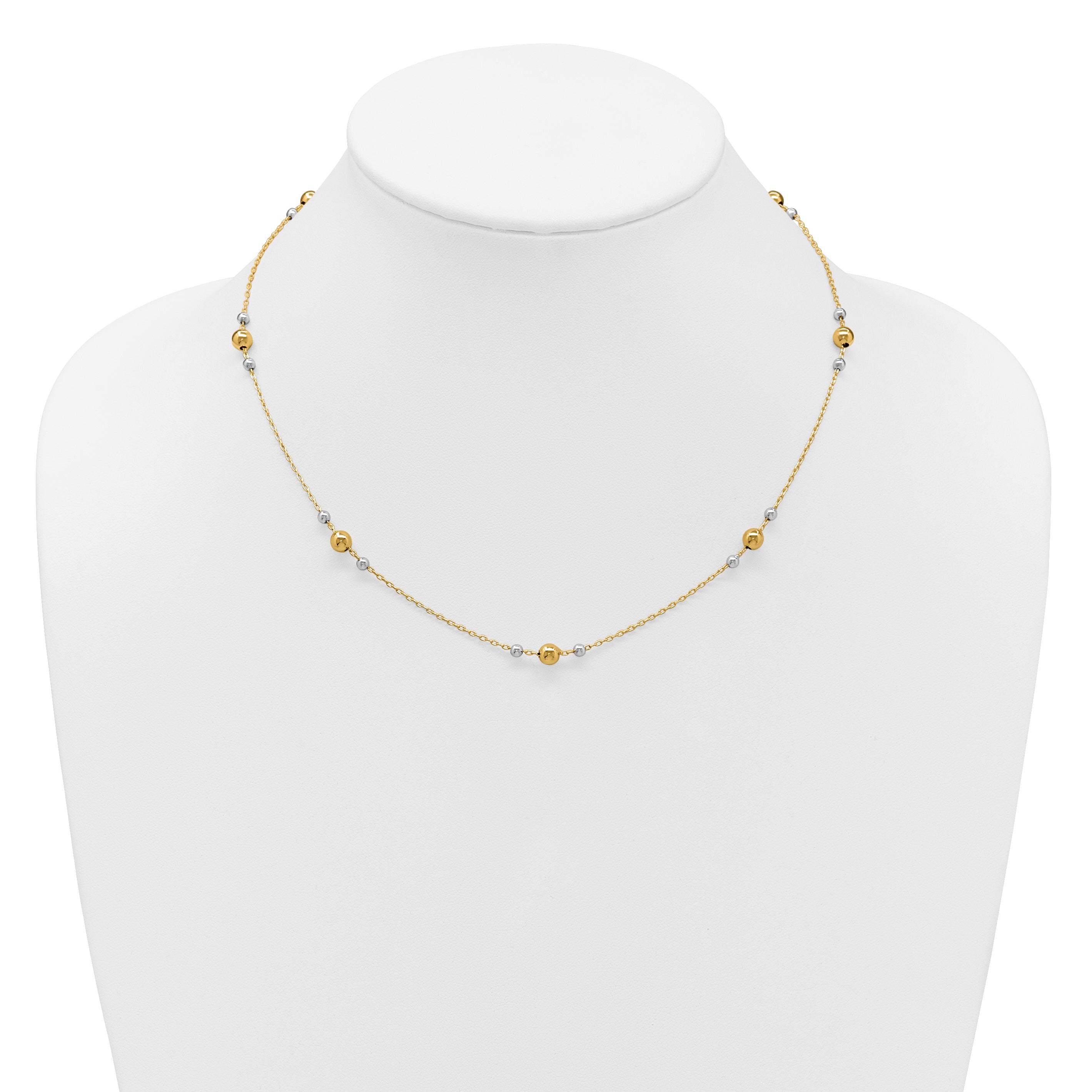 14K w/White Rhodium Polished / Beaded Station Necklace