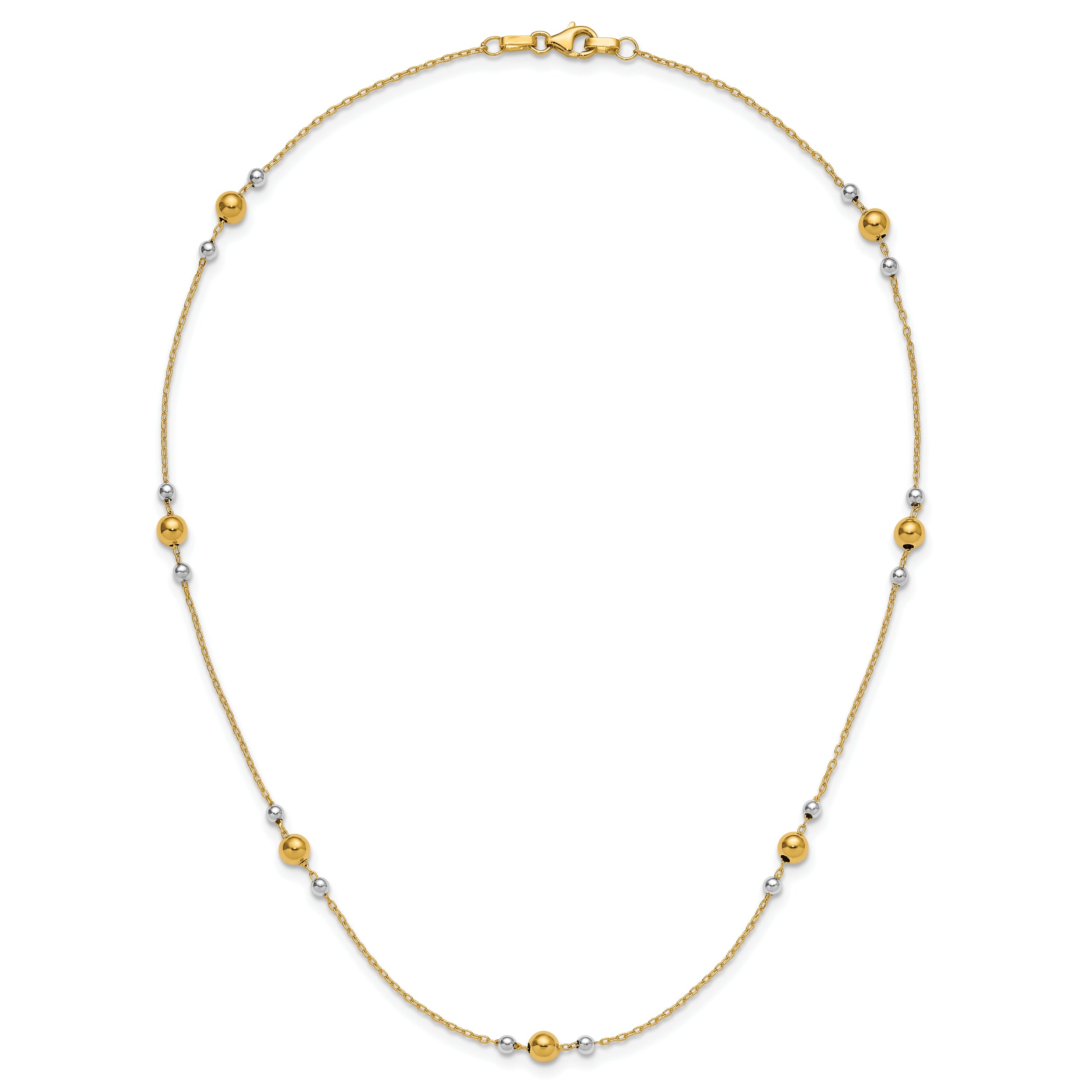 14K w/White Rhodium Polished / Beaded Station Necklace