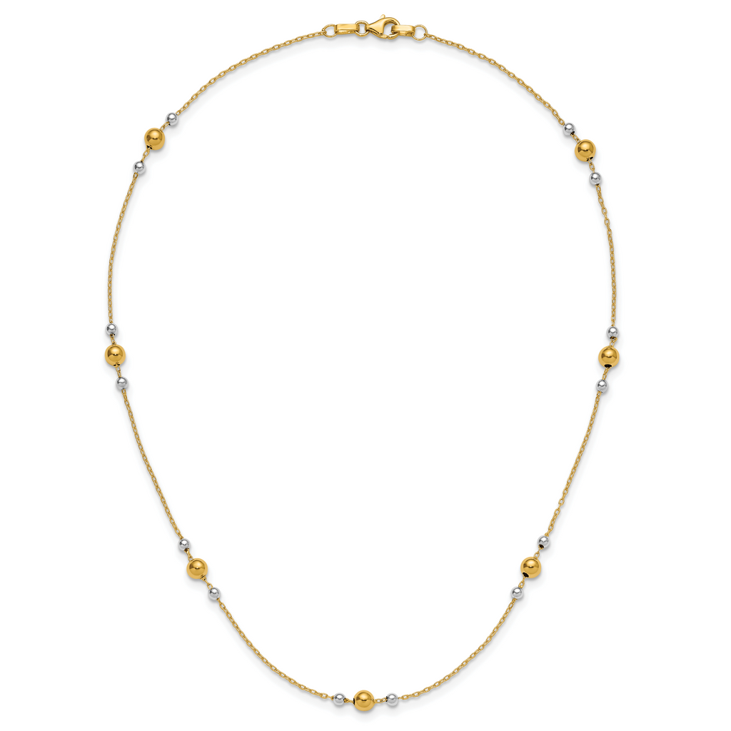 14K w/White Rhodium Polished / Beaded Station Necklace