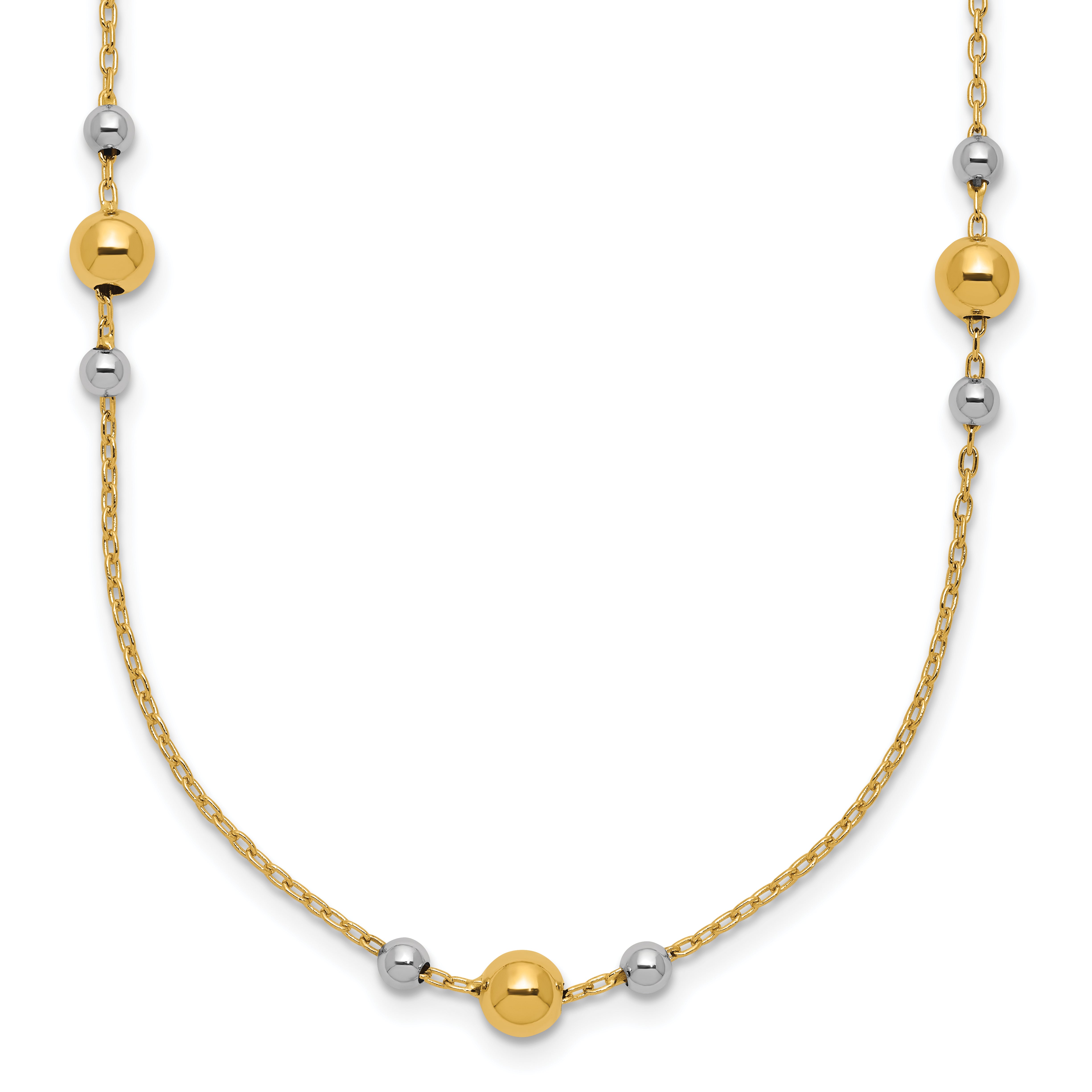 14K w/White Rhodium Polished / Beaded Station Necklace