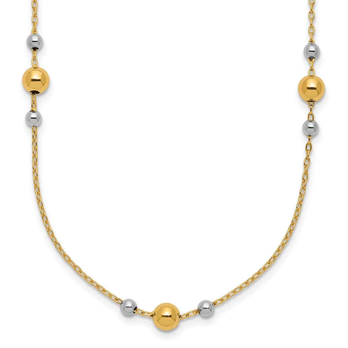 14K w/White Rhodium Polished / Beaded Station Necklace