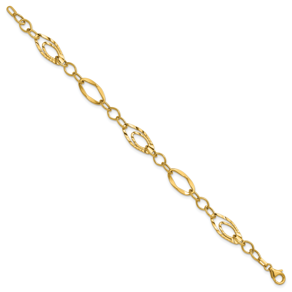 14K Polished and Wavy Textured Fancy Link Bracelet