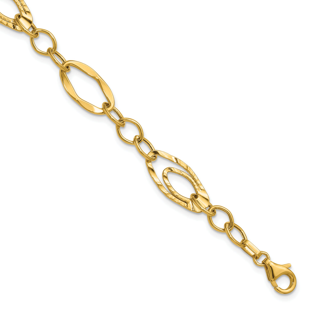 14K Polished and Wavy Textured Fancy Link Bracelet