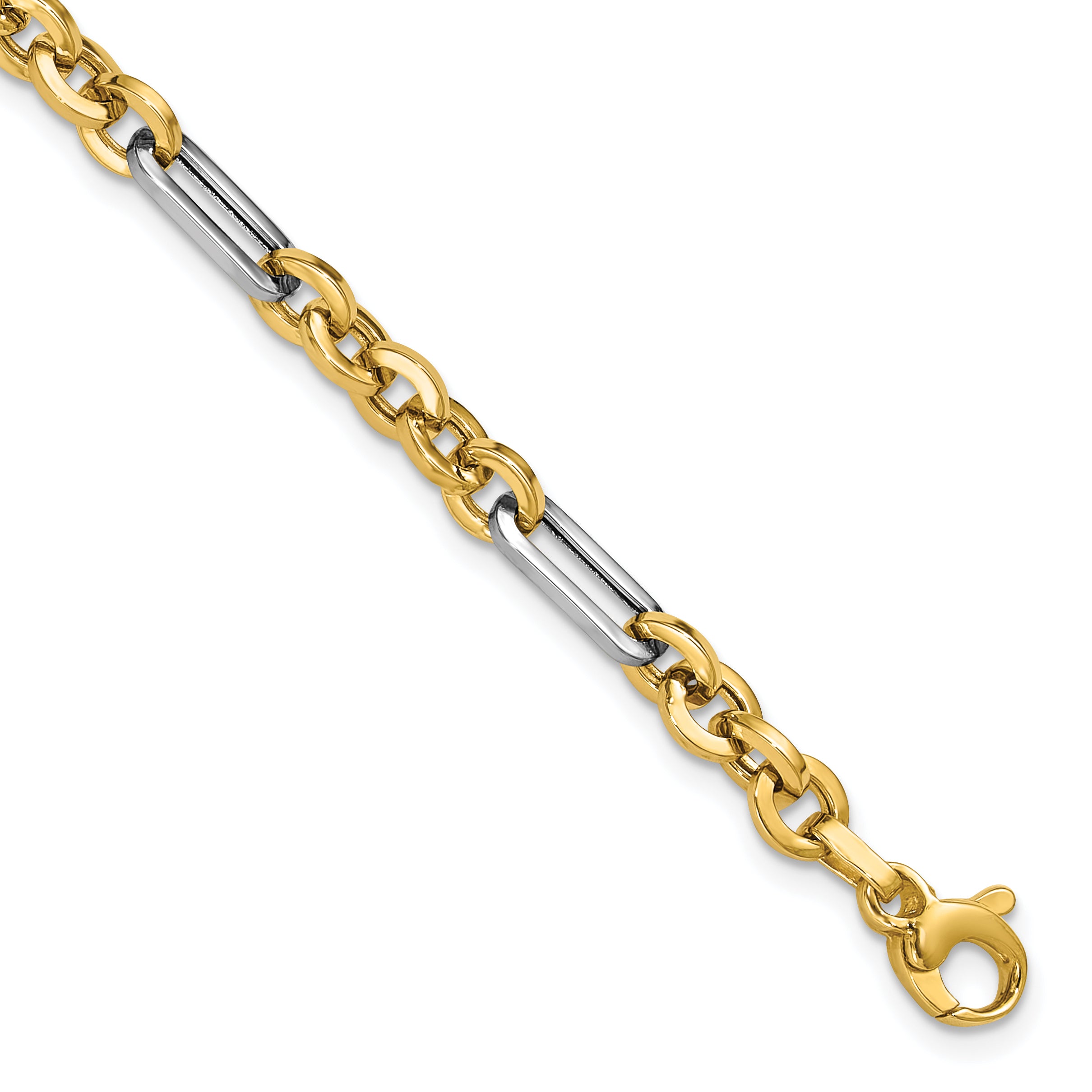 14K w/White Rhodium Polished Cable and Paperclip Link Bracelet