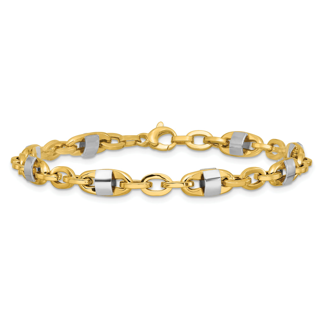 14K w/Wht Rhodium Polished Fancy Oval Men's Link Bracelet