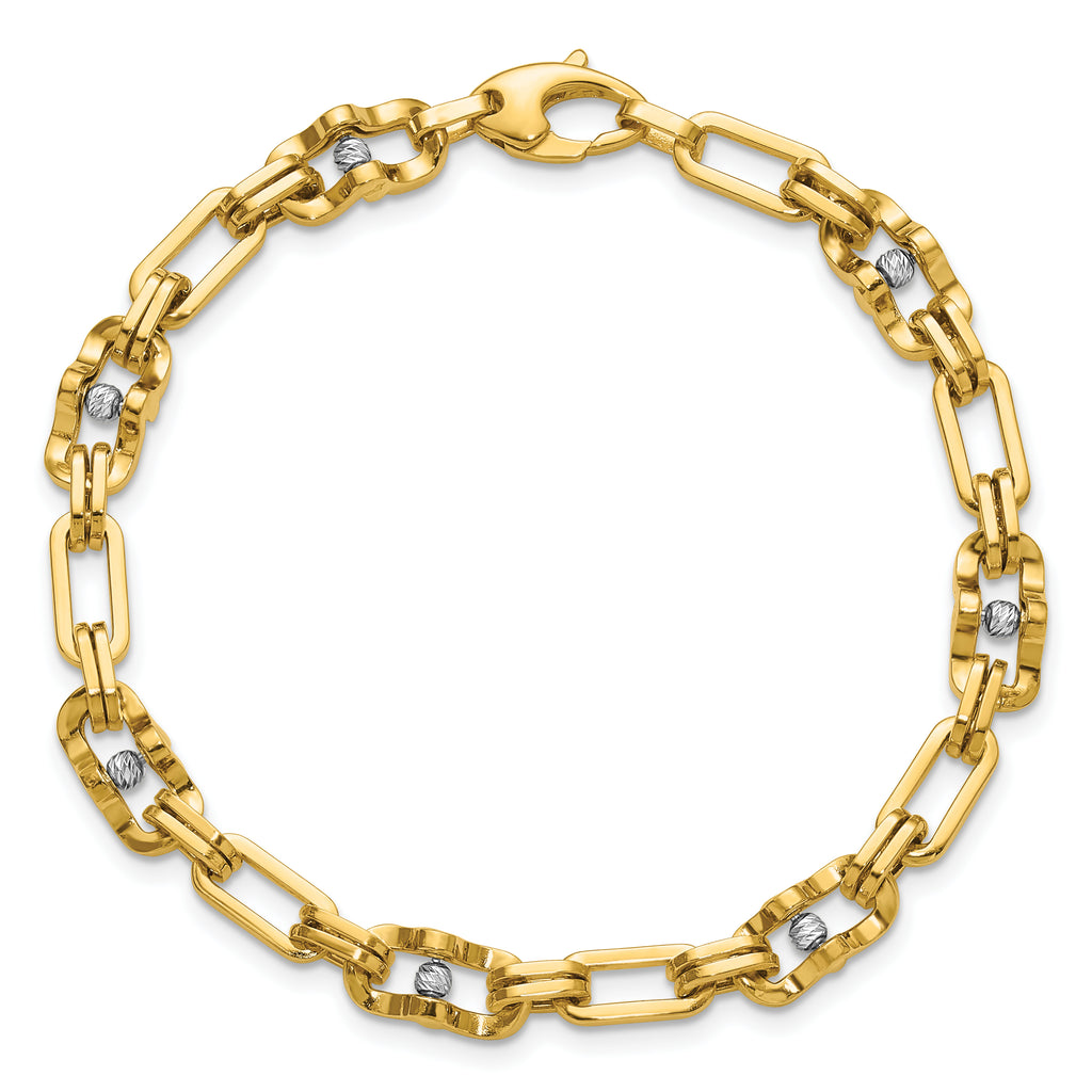 14K w/Wht RH Polished D/C Moveable Beaded Link Bracelet