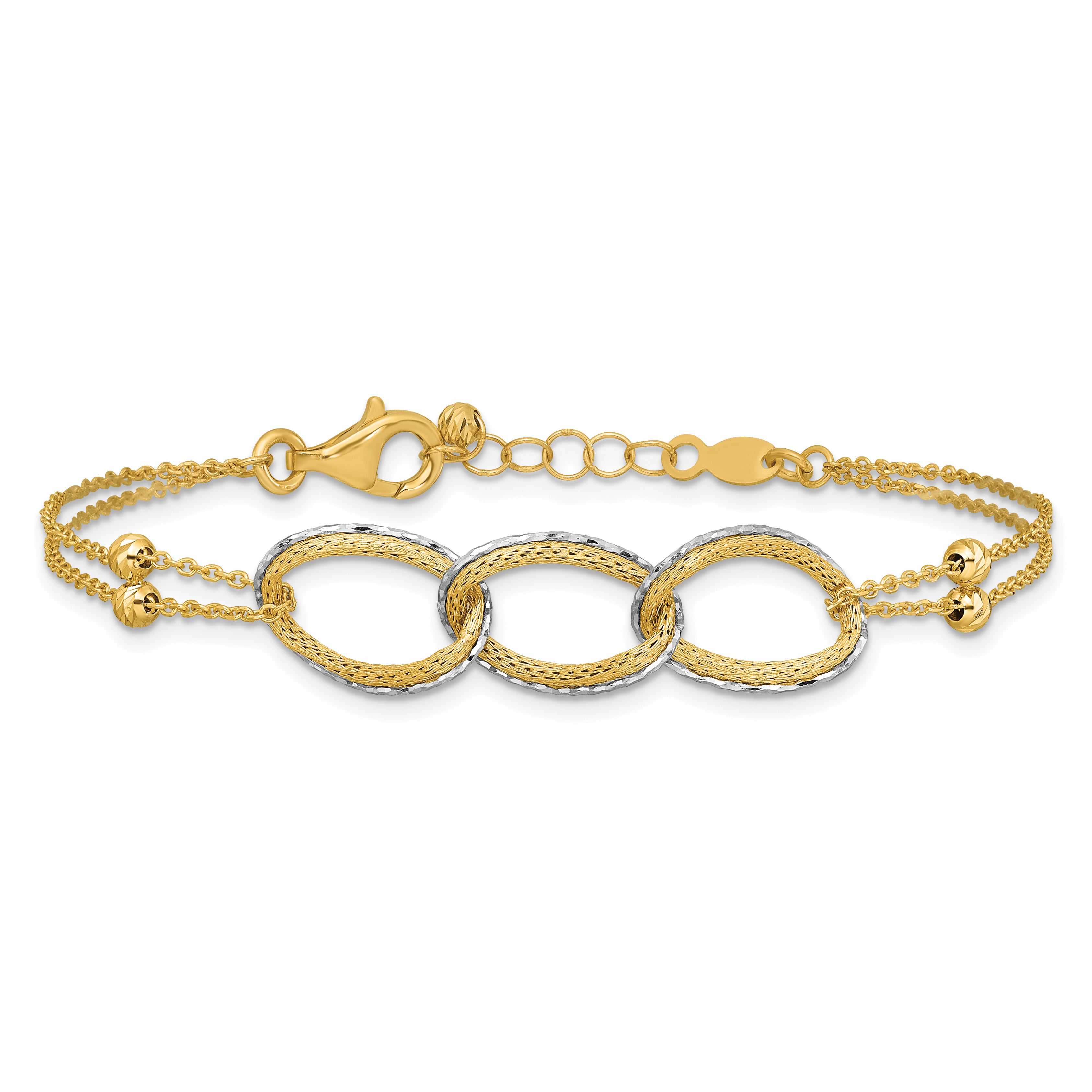 14KTT Pol/Texture/Dia-cut 2-Strand Oval w/.5in Ext. Bracelet