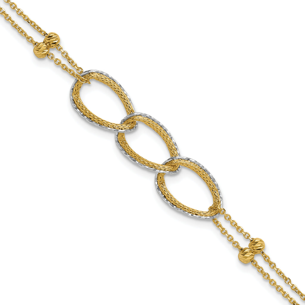 14KTT Pol/Texture/Dia-cut 2-Strand Oval w/.5in Ext. Bracelet