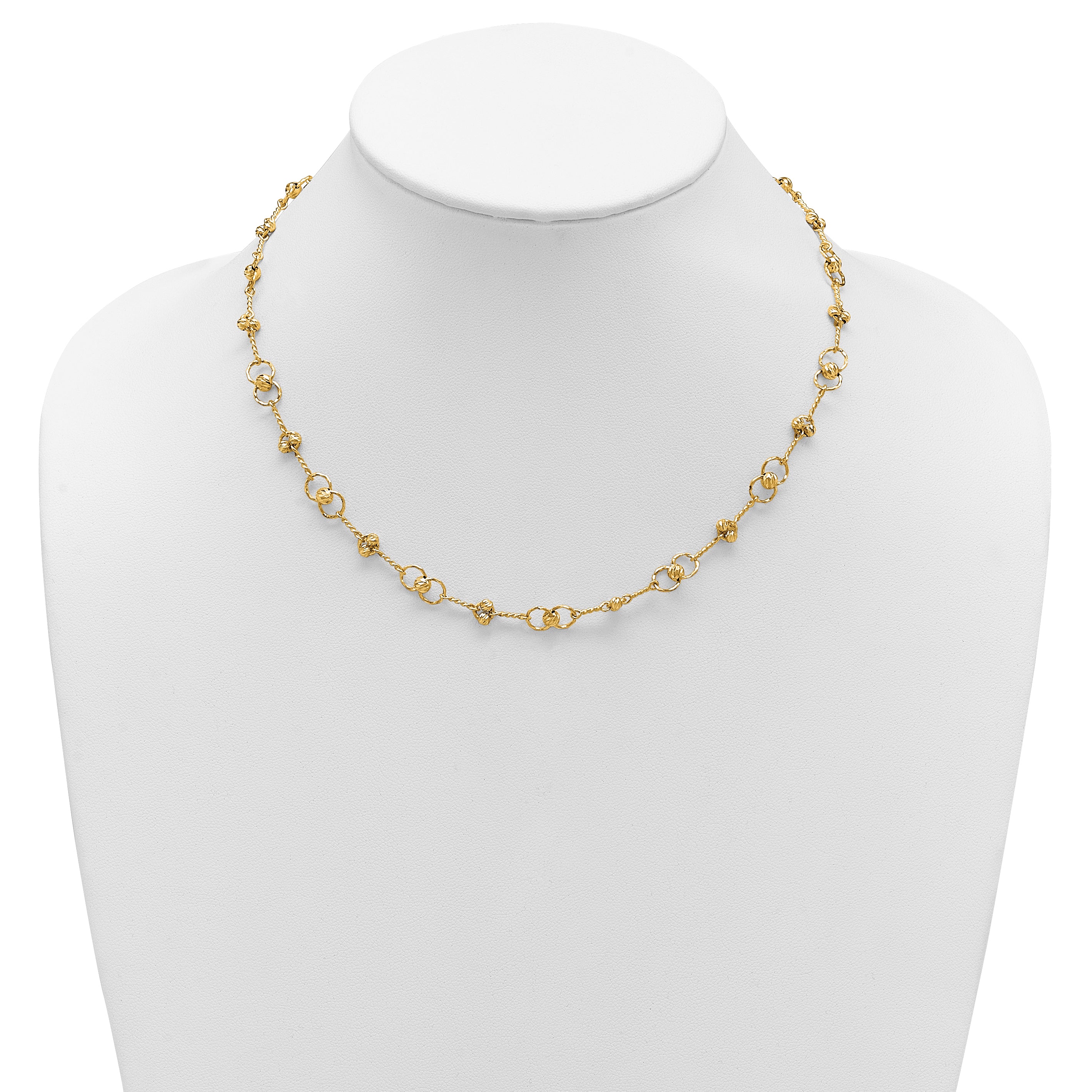 14K Polished/Dia-cut Twisted Circles w/ 1in Ext. Necklace