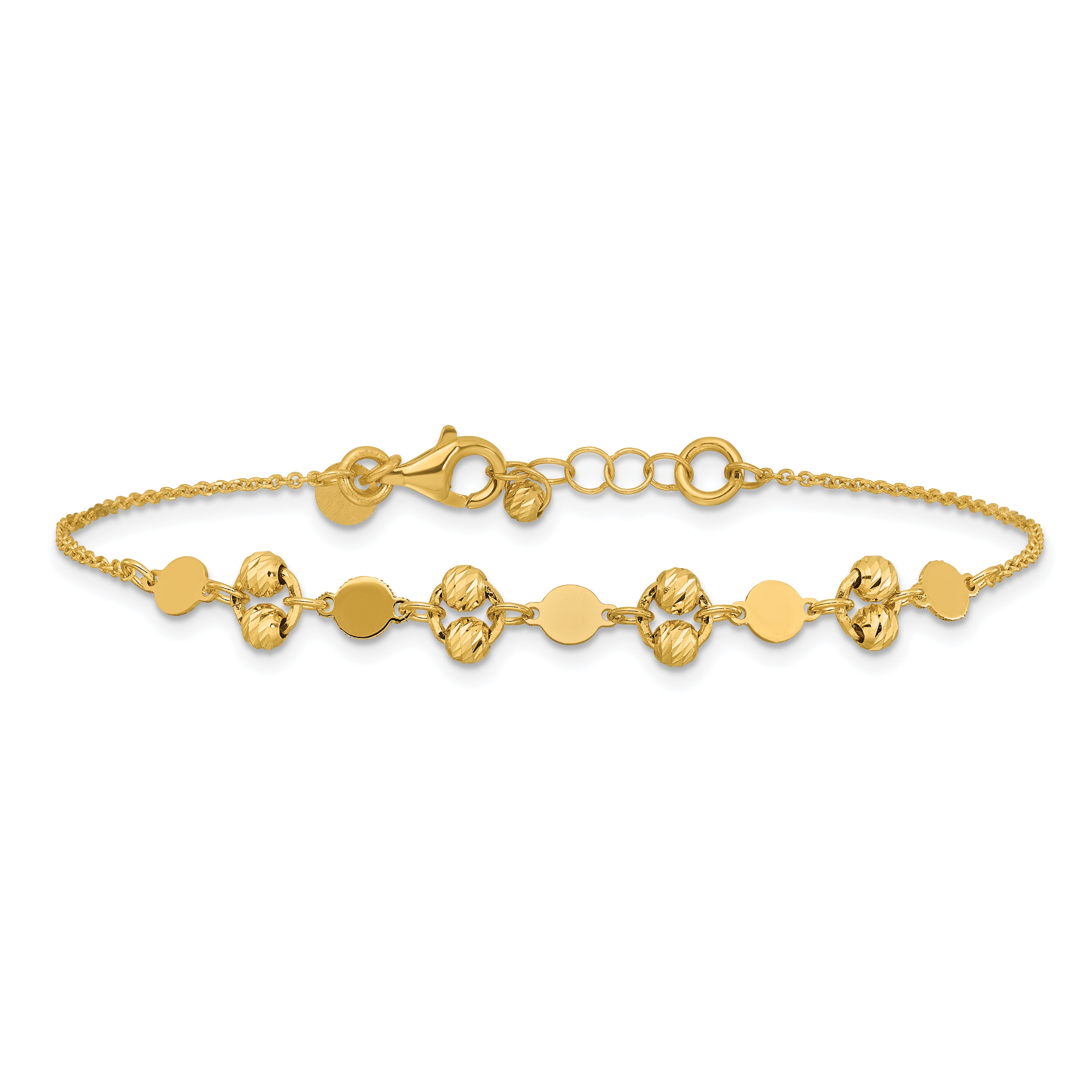 14K Polished D/C Beaded Fancy Circles w/.5in Ext. Bracelet