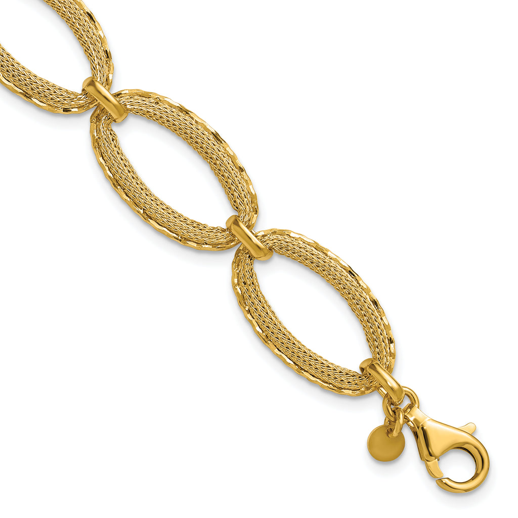 14K Polished/Texture/Dia-cut Ovals w/1in Ext. Bracelet
