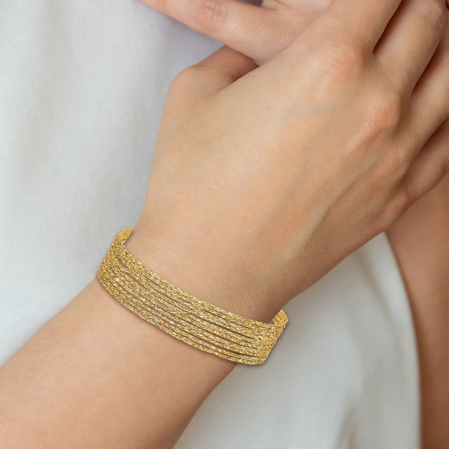 14K Textured Fancy Mesh Multi-strand w/.75in Ext. Bracelet