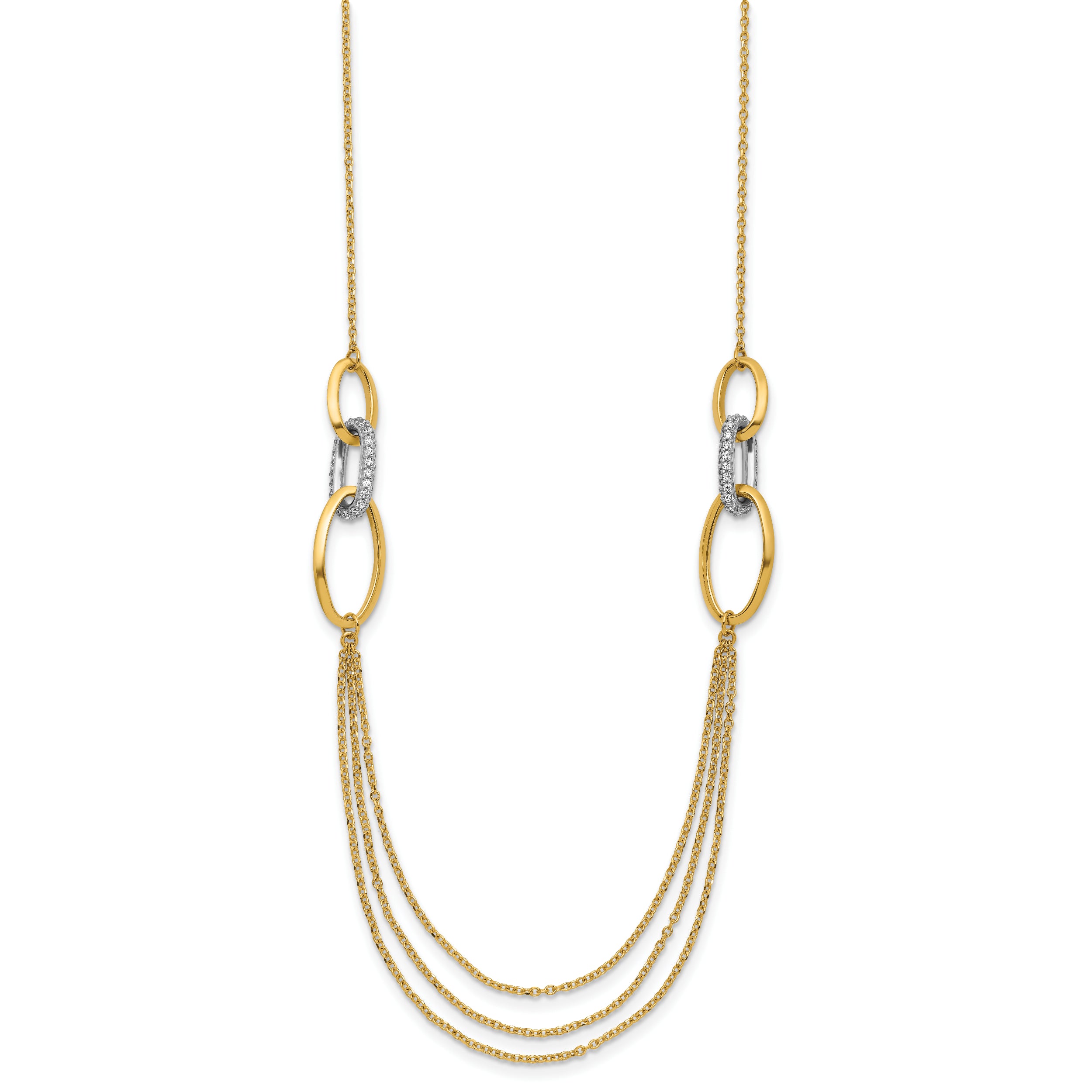 14K Two-tone Polished Fancy CZ Ovals w/1in Ext. Necklace