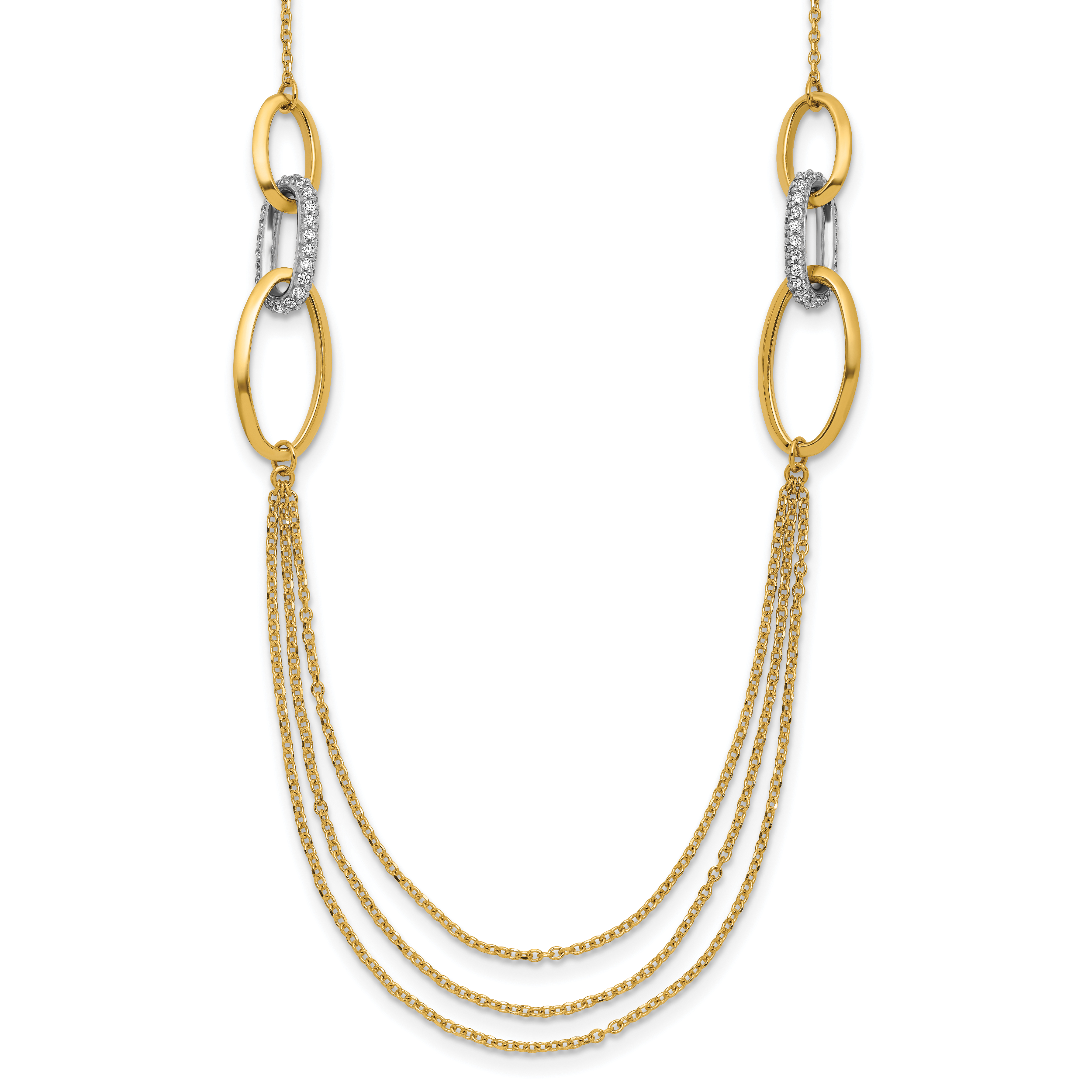 14K Two-tone Polished Fancy CZ Ovals w/1in Ext. Necklace