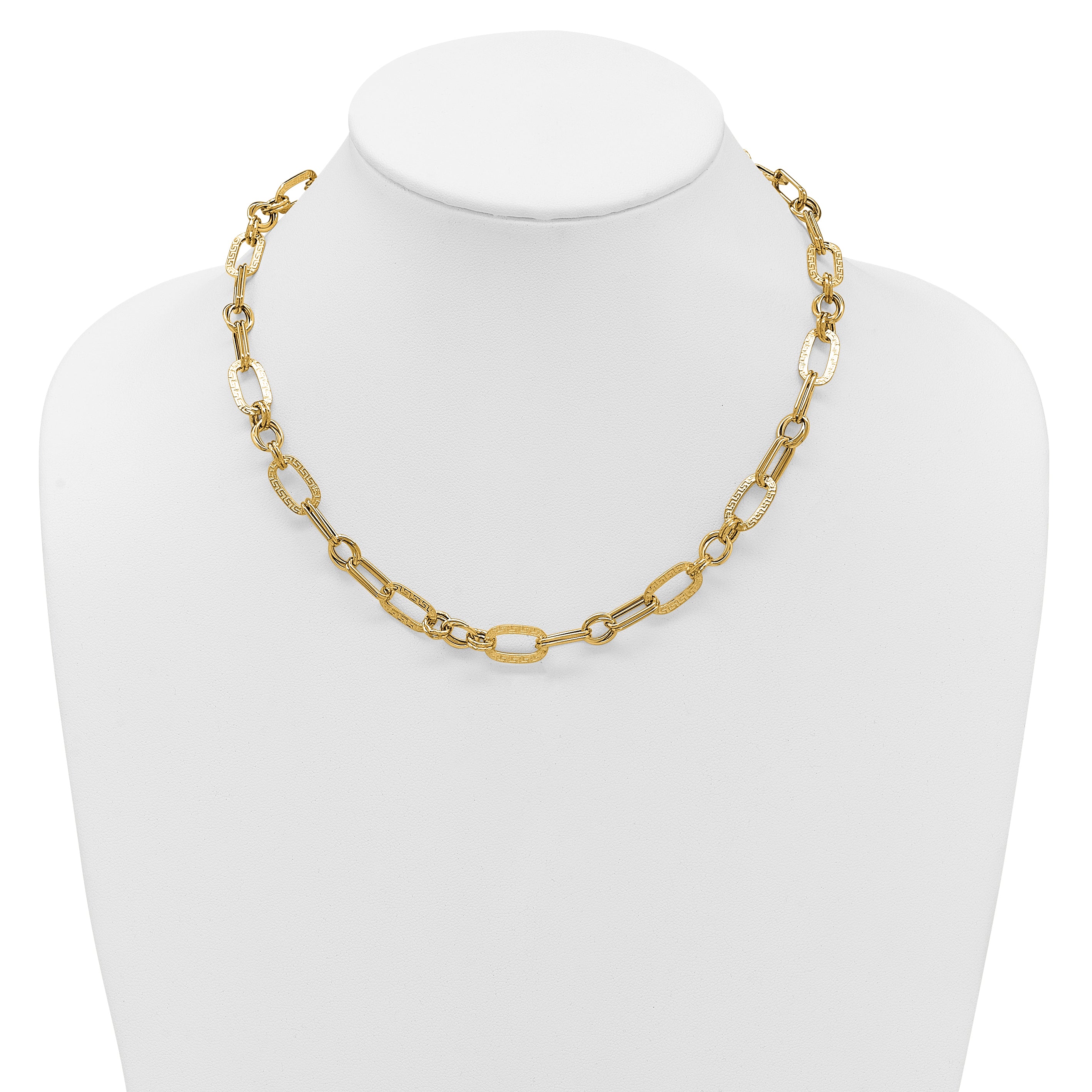 14K Polished and Textured Fancy Greek Key Link Necklace