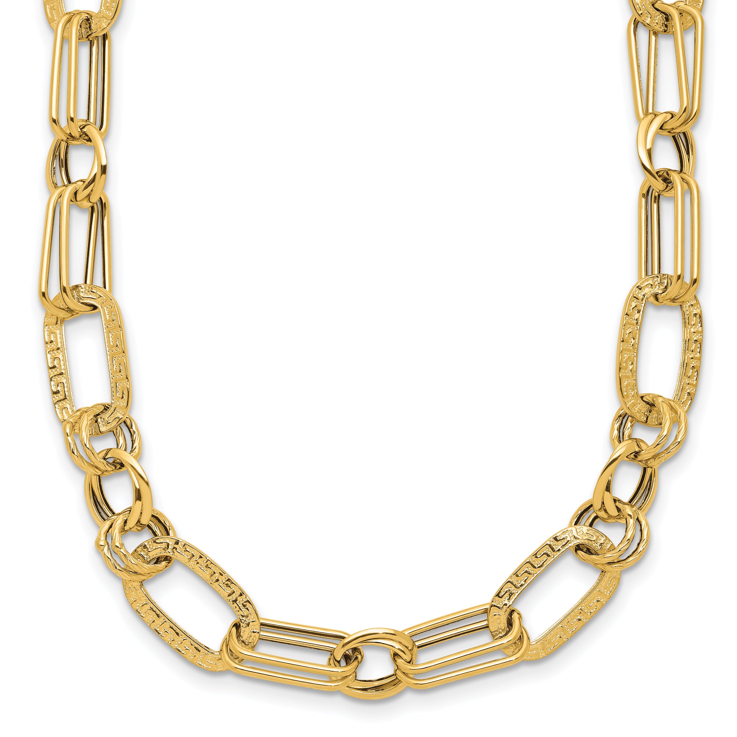 14K Polished and Textured Fancy Greek Key Link Necklace