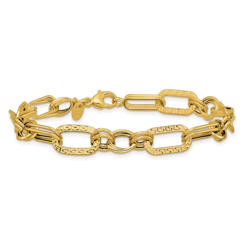 14K Polished and Textured Fancy Greek Key Link Bracelet