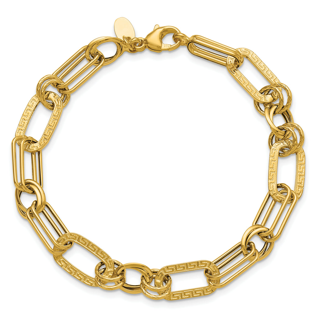 14K Polished and Textured Fancy Greek Key Link Bracelet
