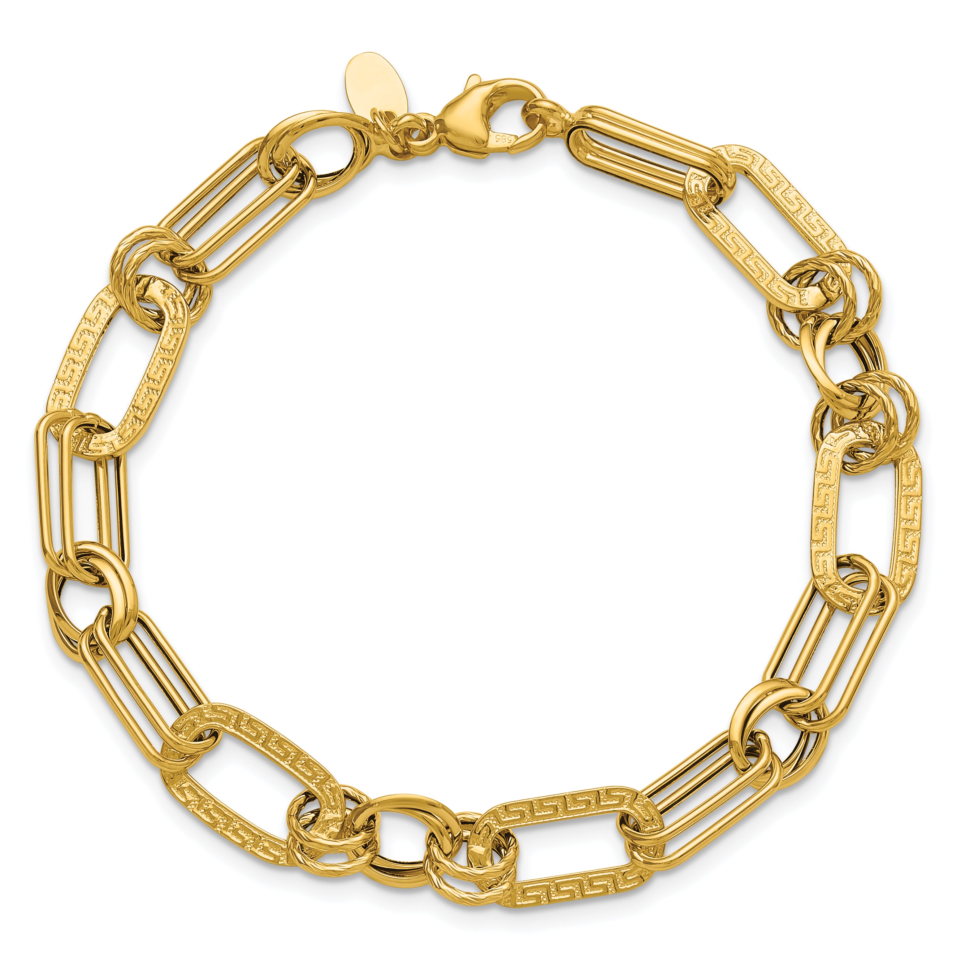 14K Polished and Textured Fancy Greek Key Link Bracelet