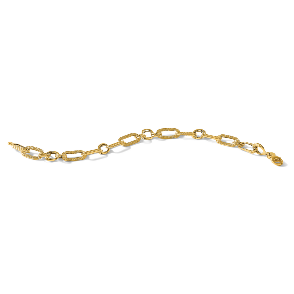 14K Polished and Textured Fancy Greek Key Link Bracelet